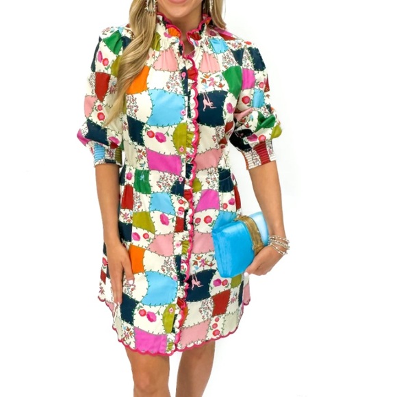 Alden Dresses & Skirts - Alden Adair Multicolored Patchwork Floral Button Dress with scalloped embroidery